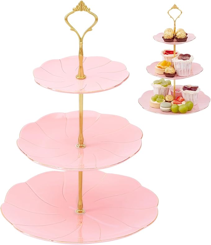 DUJUST Luxury Porcelain 3-Tier Cupcake Stand Tower, British Style Serving Tray with Golden Trim, Food Grade Dessert Display Stand, Beautiful Gift for Tea Party & Home Décor - Pink