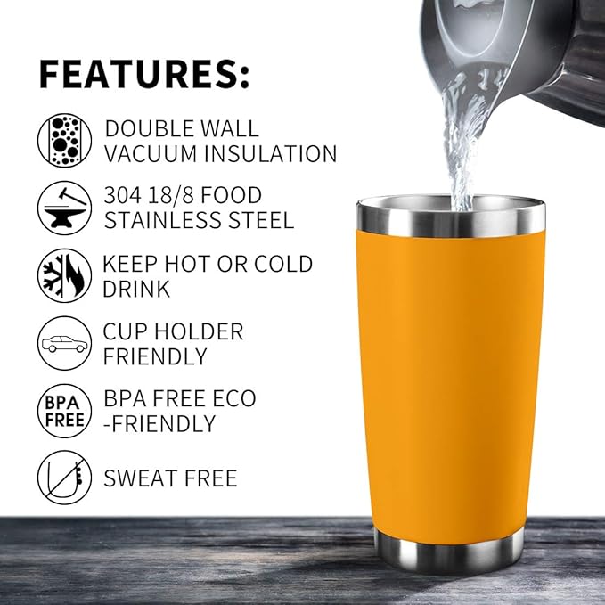 20oz Tumbler Bulk Stainless Steel Vacuum Insulated Tumblers with Lid Double Wall Travel Mug, Durable Powder Coated Coffee Cup, Suitable for Ice Drinks and Hot Beverage (Orange 1pack)