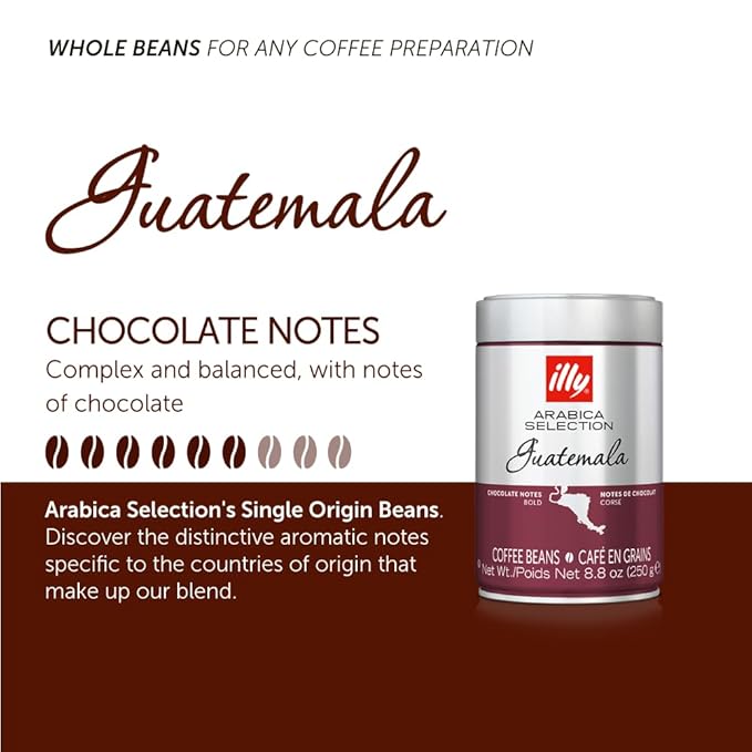 illy Whole Bean Coffee - Perfectly Roasted – Guatemala Dark Roast - with Notes of Chocolate – Complex & Balanced - 100% Arabica Beans - No Preservatives – 8.8 Ounce