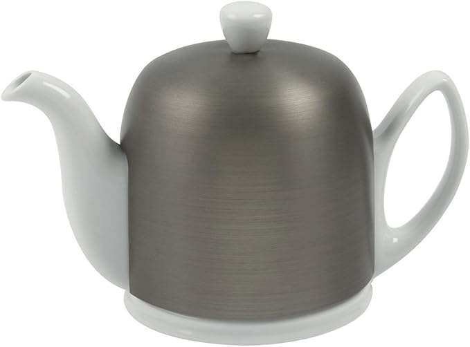 Salam Luxury French Tea Pot - Porcelain Teapot with Brushed Aluminum Cover, Ceramic Tea Kettle for Loose Tea, Removable Infuser, 6 Cup Capacity, 36oz - Aluminum