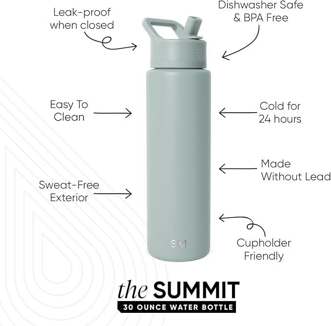 Simple Modern Water Bottle with Straw Lid | Vacuum Insulated Stainless Steel Metal Thermos | Reusable Leak Proof BPA-Free Flask for Sports Gym | Summit Collection | 30oz, Sea Glass Sage