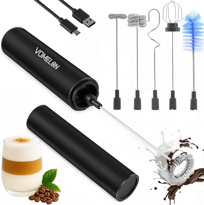Rechargeable Milk Frother Handheld Electric Frother Wand Milk Foamer Drink Mixer for Coffee, Lattes, Cappuccino, and Egg, Stainless Steel for Travel-Black