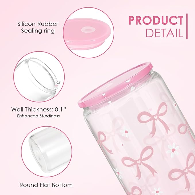 SANDJEST Bow Glass Can, Bows Cup with Lid & Straw, Iced Coffee Aesthetic Cups, Idea Gift for Christmas Birthday Mother Day, Gifts for Women, 16oz