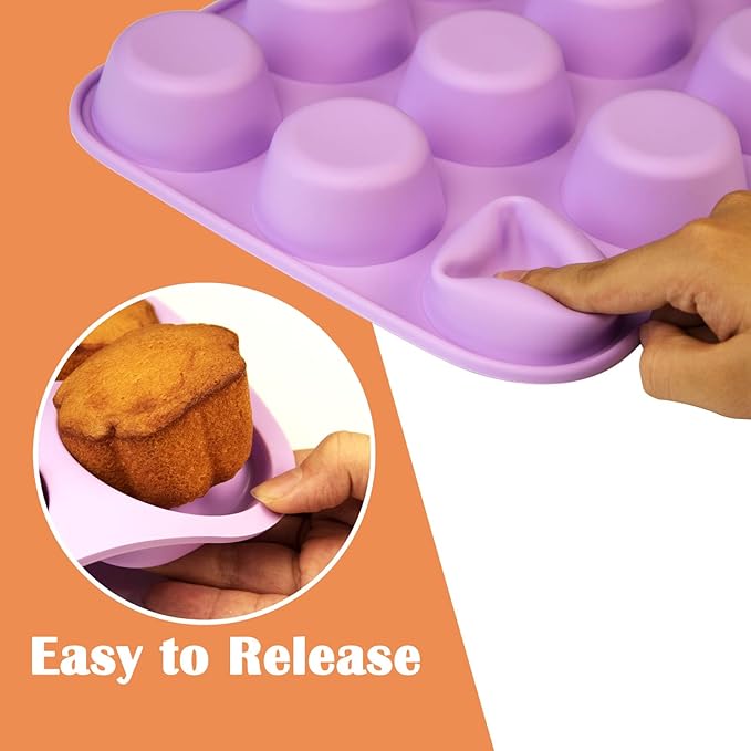 12 Cups Silicone Mini Muffin Pan Set, Nonstick Mini Cupcake Pans, BPA Free Small Muffin Tin for Baking, Set of 2 (Blue+Purple)