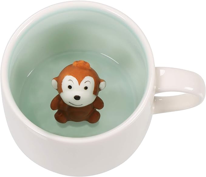 Monkey Ceramic Cup Hidden 3D Animal Inside Mug,12 oz Cute Cartoon Handmade Figurine Mugs,Christmas Birthday Surprise for Friends Family or Kids (Monkey)