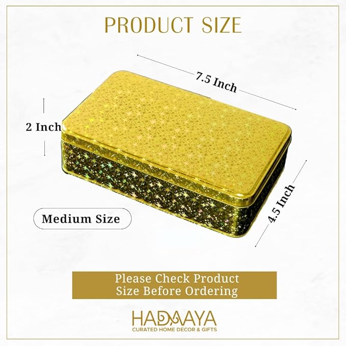 Pack of 2 Glittering Gold Rectangular Container With Lid, Multipurpose Tin Box, Festive Tin Box for Gift Giving, Cookies, Stationery & More - 7.25 x 5.25 x 2.25 Inches