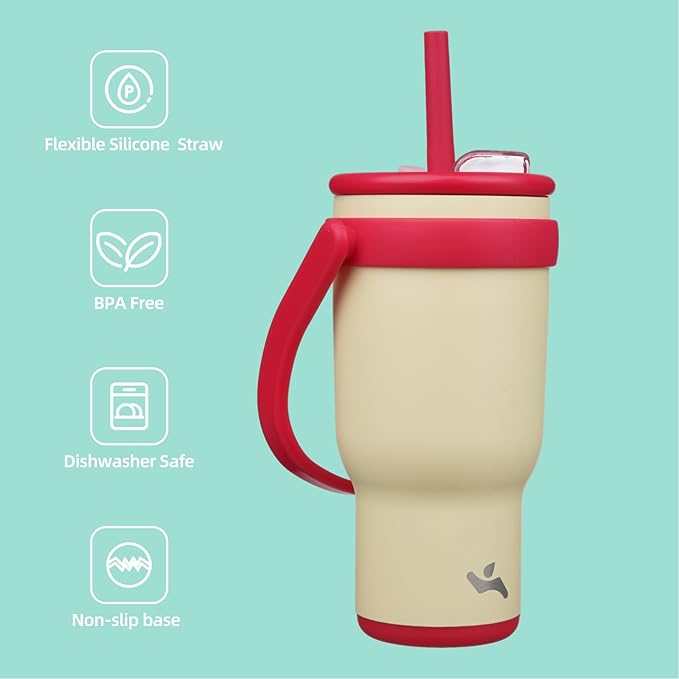 30 oz Tumbler with Side Handle, Insulated Water Bottle with Straw and 2 in 1 Lid, Stainless Steel Cup Travel Coffee Mug for Sports Office Gym,Cream