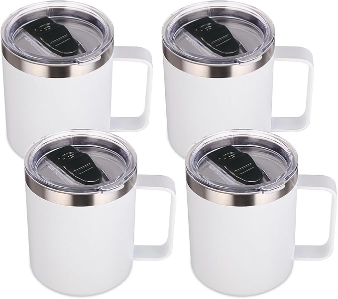 Volhoply 14oz Insulated Stainless Steel Coffee Mug with Lid Bulk 4 Pack,Not Suitable for Sublimation,Double Wall Vacuum Travel Coffee Cup with Handle, Reusable Metal Camping Mugs Keep Cold(White,4)