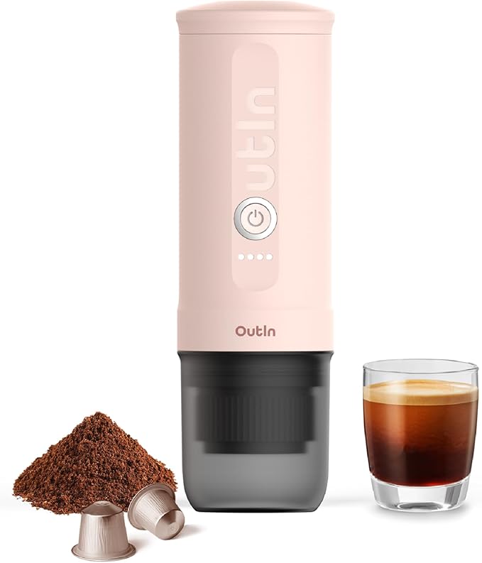 OutIn Nano Portable Electric Espresso Machine, Travel Coffee Maker for Camping, Car Coffee Maker Self-Heating with USB-C, With Ground Coffee & NS Capsule for RV, Hiking, Office
