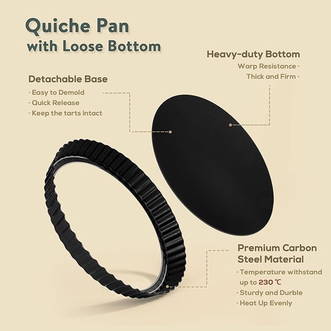 Sturdy Nonstick Tart Pan 9 inch Removable Bottom, Round Carbon Steel Quiche Pan for Baking, Heavy Duty Tart Mold loose for Pie, Mousse Cakes,Fruit and Desserts