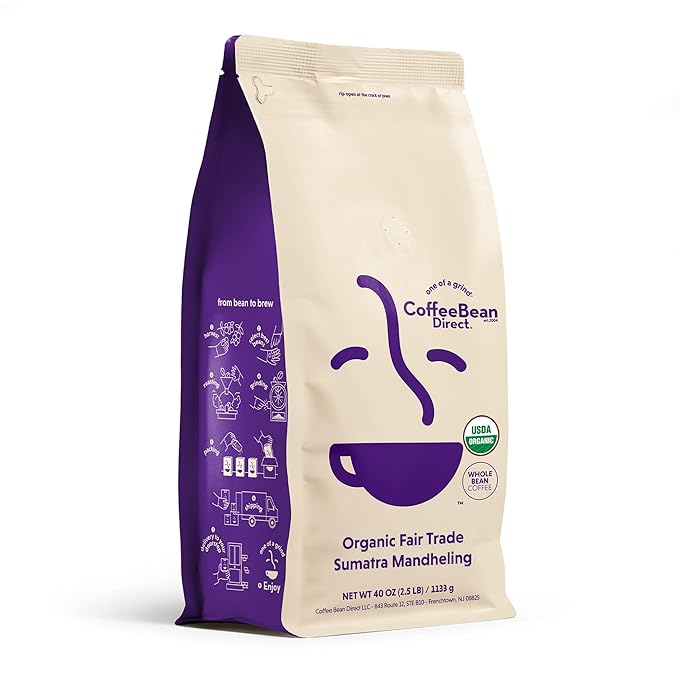 Coffee Bean Direct Organic Fair Trade Sumatra Mandheling, Whole Bean Coffee, Light Roast, 2.5 Pound Bag (Pack of 1)