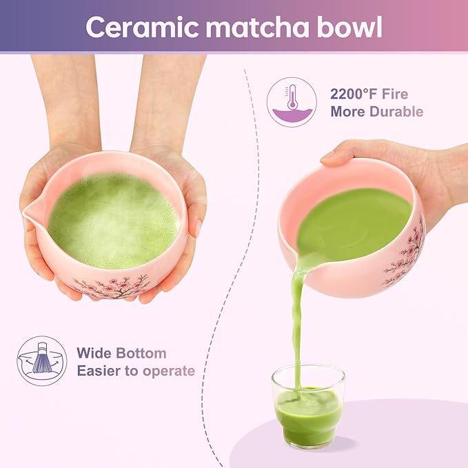 DELLAN Matcha Whisk Set, Cherry-Blossom Matcha Set Making Kit Includes Ceramic Matcha Bowl, Whisk and Holder, Bamboo Scoop, Scoop Rest, Sifter, Greeting Card and Tea Towel - 8 Pcs Matcha Set Pink