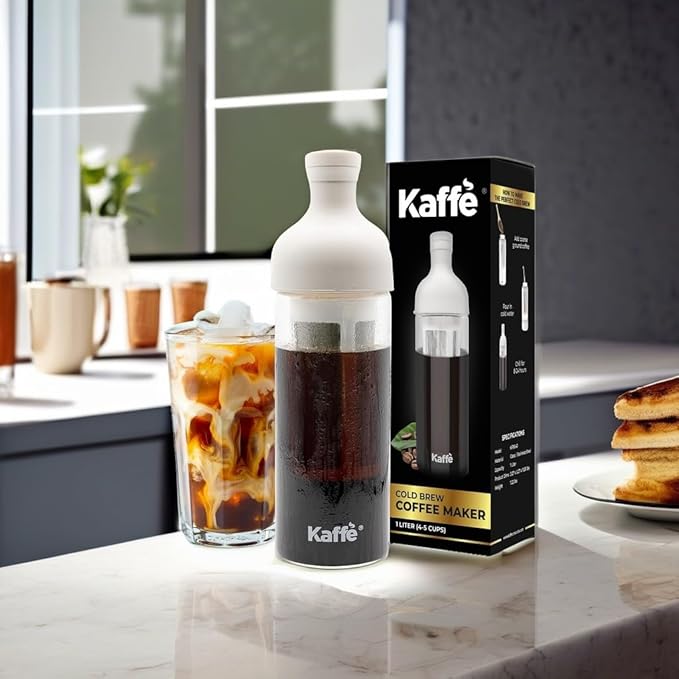 Kaffe Cold Brew Coffee Maker (38oz / 1L) - Borosilicate Glass, Airtight Seal & Dishwasher Safe - Iced Coffee Maker Bottle - Removable Mesh Filter - Up to 6 Cups of Cold Brew Coffee