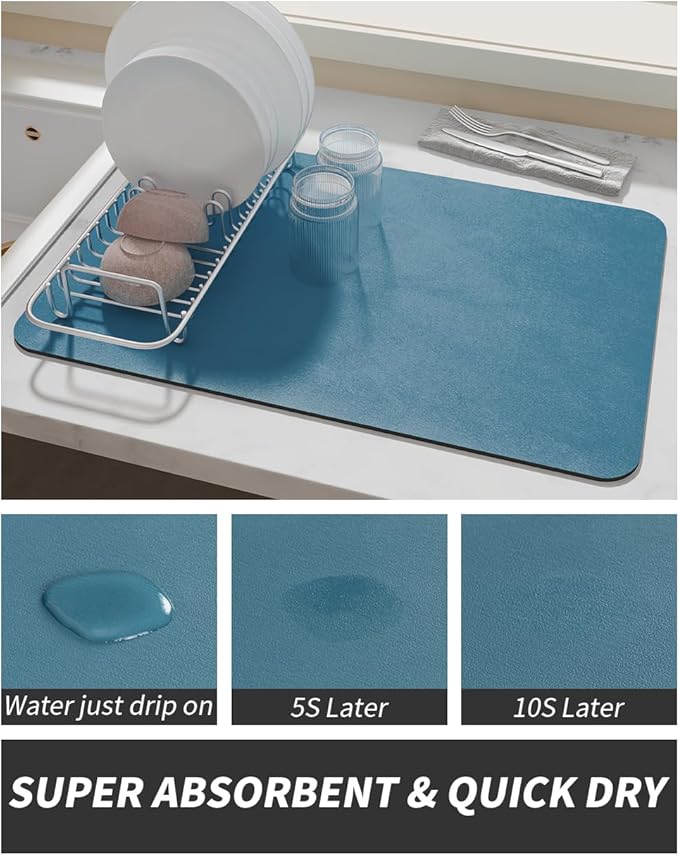 AMOAMI-Coffee Mat Hide Stain Rubber Backed Absorbent Dish Drying Mat for Kitchen Counter-Coffee Bar Accessories Fit Under Maker Machine Pot Espresso Machine Dish Rack Blue