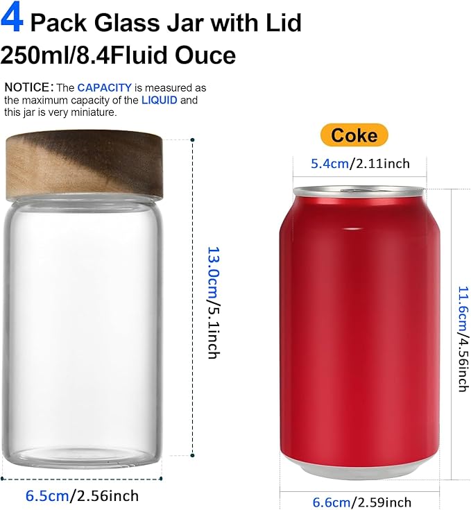 Large Glass Coffee Jars, Round Storage Canister with Wooden Lid Clear Glass Food Jar for Pantry Sugar Tea Coffee Bean Spice Nuts Cookies Bath Salts (4×250ml(8.4oz))