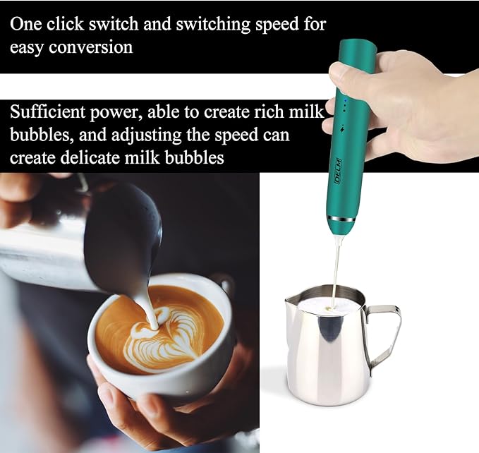 Delm Milk Frother Electric USB Stainless Steel Accessory - Frother Wand Foam Maker for Lattes - Milk Frother Handheld for Cappuccino, Frappe, Matcha, Hot Chocolate - Frother for Coffee (green)
