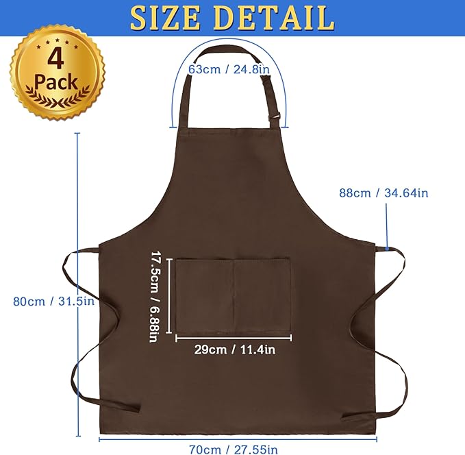 4 Pack Chef Apron, Adjustable Apron with 2 Pockets, Unisex Personalised Apron for Cooking, Kitchen, Restaurant