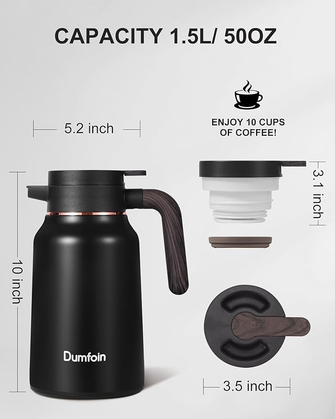 Carafes for Hot Liquids 51 oz - 12 Hour Stainless Steel Thermal Coffee Carafe-Insulated Coffee Carafes For Keeping Hot/Cold Coffee, Tea, Water, 1.5 Liter Beverage Dispenser(2 Black)