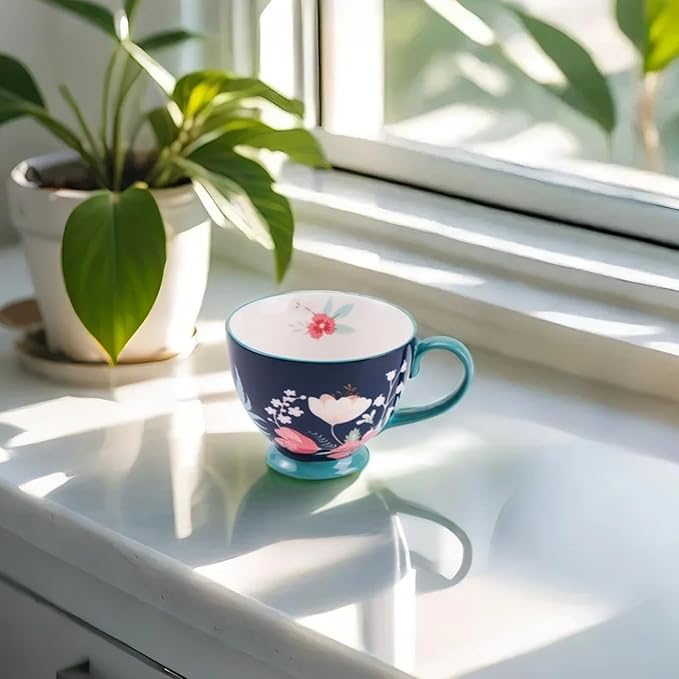 Vintage Flower Mugs – Large Ceramic Coffee Mug (15oz) – Cute Cereal Cup for Breakfast, Oatmeal Tea & Hot Drinks – Handmade Ceramic Cup with Floral Design