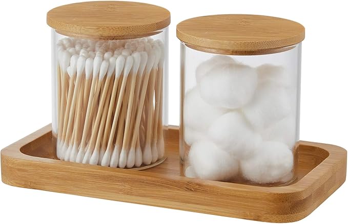 Qtip Holder With Vanity Tray, Glass Apothecary Jars With Lids for Bathroom, Cotton Ball Swab Pad Rounds Holder Canister Jars for Restroom Decorations and Organizer