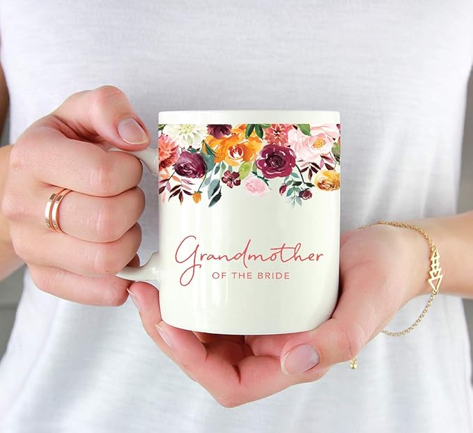 Andaz Press 11oz. Wedding Ceramic Coffee Tea Mug Gift, Fall Autumn Burgundy Orange Peach Flowers Roses Florals, Grandmother of the Bride, 1-Pack, Includes Gift Box