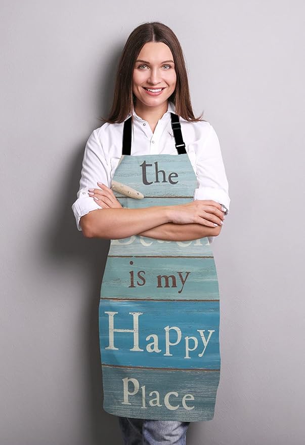 The Beach Is My Happy Place Bib Apron with Adjustable Neck for Men Women,Suitable for Home Kitchen Cooking Waitress Chef Grill Bistro Baking Apron