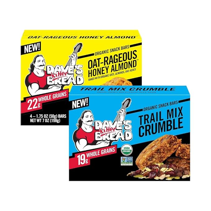 Dave's Killer Bread Organic Snack Bars, Variety Pack (1 Trail Mix Crumble, 1 Oat-Rageous Honey Almond) Pack of 2