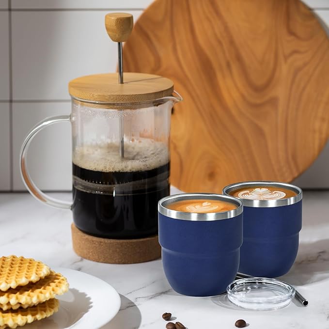 4oz Stackable Cup, Vacuum Insulated Espresso Cup Set of 6, Espresso Shot Cup for Coffee, Double Wall Stainless Steel Mini Tumbler Shot Glasses with Straw and Lid (A-navy6P, 4oz)