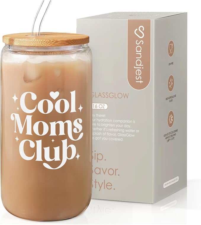 SANDJEST Mom Glass Can, Cool Mom Club Cup with Lid & Straw, Iced Coffee Aesthetic Cups, Idea Gift for Christmas Birthday Mother Day, Gifts for Women, 16oz