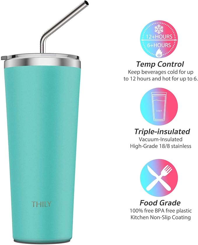 THILY Tumbler Vacuum Insulated Travel Mug 26 oz Coffee Cup with Lids and Straws, Reusable, Splash-Proof, Powder Coated, Keep Ice Drinks Cold, Teal