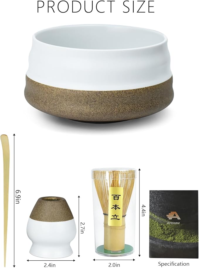 Artcome Premium Matcha Tea Set - 19.6oz Ceramic Bowl, Bamboo Whisk, Scoop, Whisk Holder & Brewing Guide - Authentic Japanese Tea Ceremony Tools for Matcha Preparation