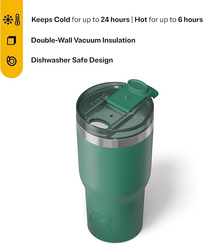 RTIC 20oz Essential Tumbler with Lid, Ceramic Lined, Insulated, Stainless Steel, Metal, Double Wall Vacuum-Insulation, Travel Cup for Iced Coffee, Tea, Hot and Cold Drink, Pine Tree