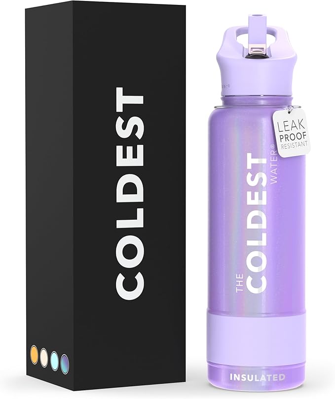 Coldest Insulated Water Bottle with Straw Lid - Stainless Steel Metal Insulated Bottle for Men & Women (Saturn's Moon Purple Glitter, 40 oz)