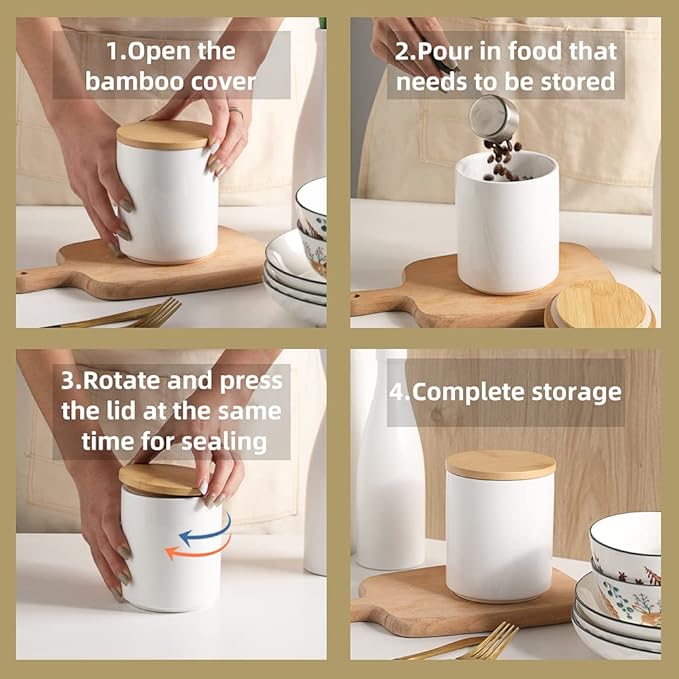 Sweejar Ceramic Canisters Set, Food Storage Jars with Airtight Seal Bamboo Lid, Stackable Containers for Kitchen Counter, Ground Coffee, Flour, Sugar, Cookie, Dog Treats, Candy, Pack of 4 (White)