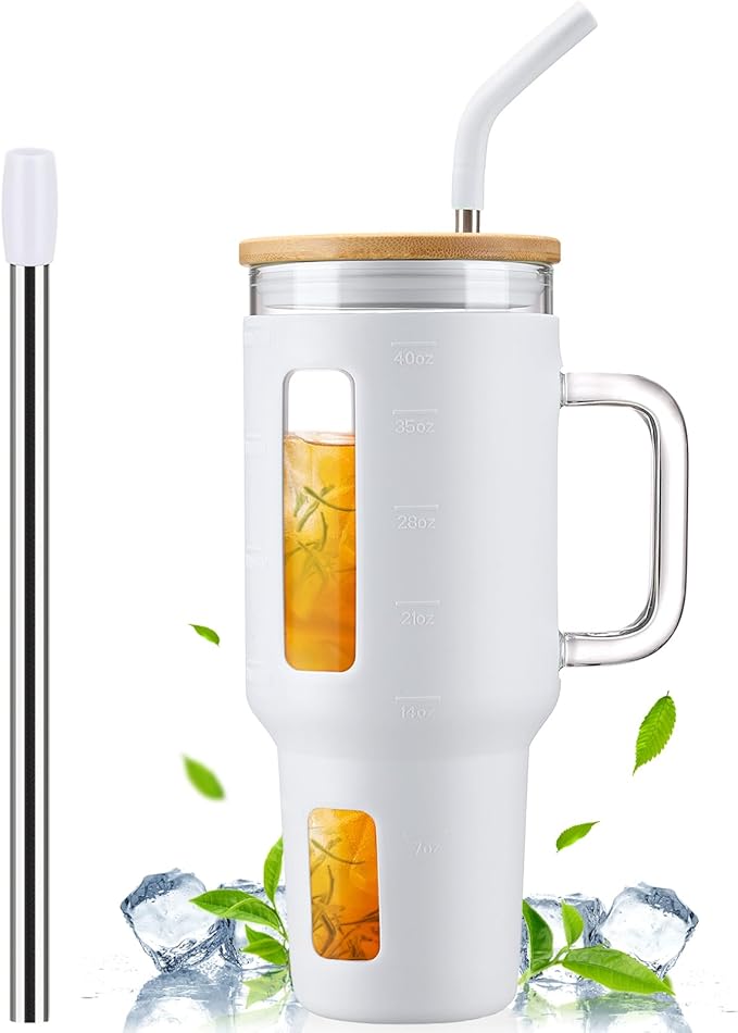 Kodrine 40 oz Glass Tumbler with Handle, Iced Coffee Tumbler with Straw and Bamboo Lid, Glass Drinking Cup with Silicone Sleeve Time Marker, Water Bottle Dishwasher Safe, Cup Holder Friendly, White