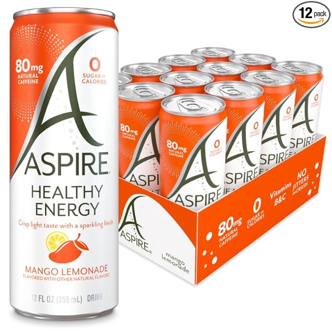 ASPIRE® Mango Lemonade, Healthy Energy Drink 80mg Natural Caffeine, Zero Sugar No Carbs Keto Friendly, 12 Pack Green Tea Sugar Free Drink Low Caffeine Zero Calorie