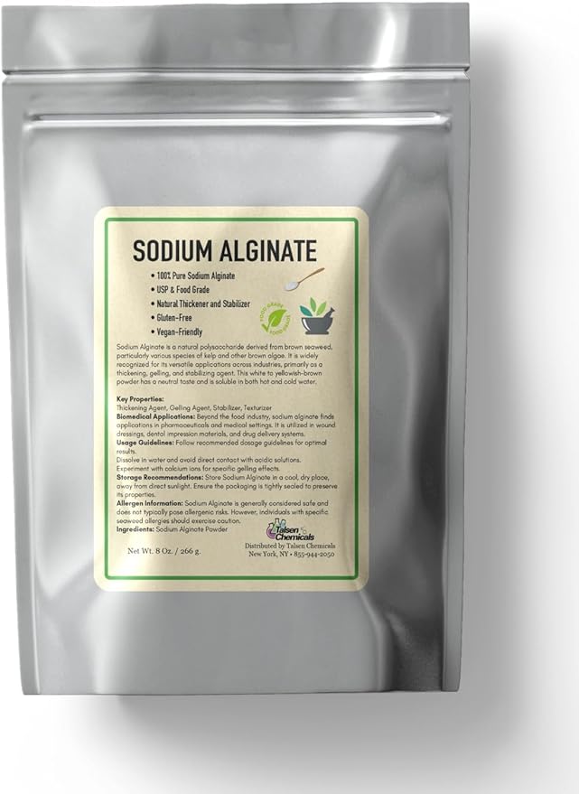 Sodium Alginate (8 Ounce / 226 Grams) Pure Sodium Alginate Powder Food Grade Powder for Thickening, Perfect for Making Luxurious Caviar Spheres, Desserts, Meatloaves by Talsen Chemicals (8, Ounces)