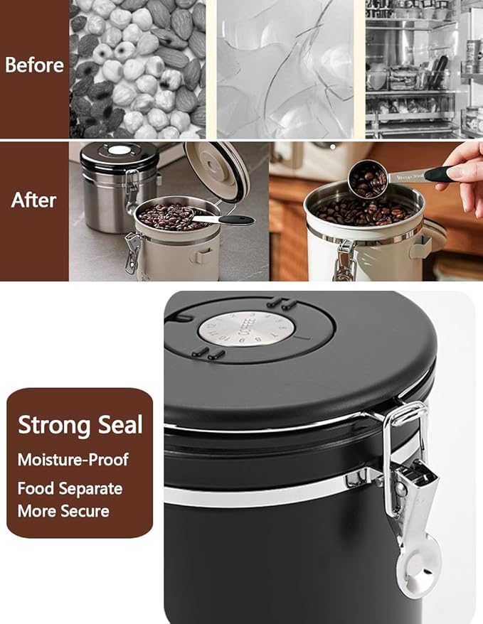 Coffee Canister Airtight Storage Container Stainless Steel Coffee Jar with Scoop,Date Tracker CO2 Release Valve for Dry Food Beans Ground Tea Flour Cereal and Sugar