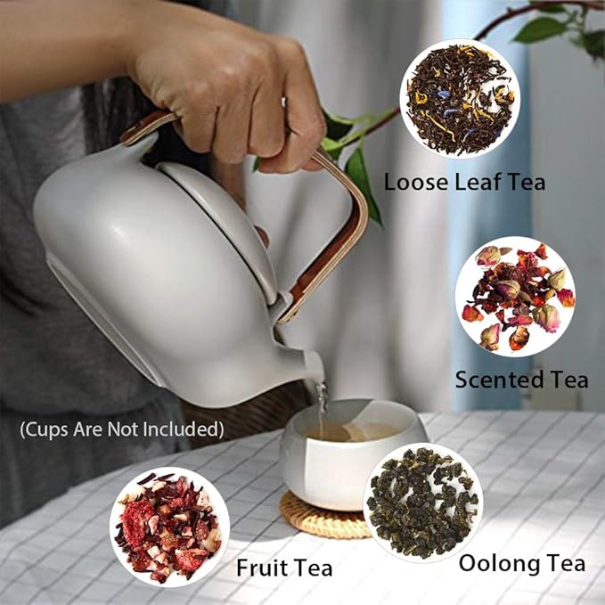ZENS Vintage Japanese Teapot with Strainer, 27oz Matte Ceramic Loose Leaf Teapot with Infuser, Wood Handle Gray Japanese Teapots Hot Tea Brewer Pot for Women, Tea Lovers Gifts
