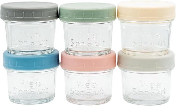 WeeSprout Glass Baby Food Storage Jars w/Lids (4 oz, 6 Pack Set) Snack, Puree, Reusable Small Containers, Breast Milk, Fridge or Freezer, Microwave & Dishwasher Safe, Essential Must Have for Infants