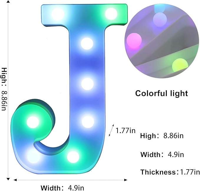 Foaky Colorful LED Letter Lights with Remote,Marquee Light Up Letters Sign for Night Light Wedding/Birthday Party Battery Powered Christmas Lamp Home Bar Decoration(J)