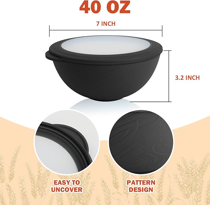 40oz wheat straw bowls set of 4,unbreakable ramen bowl set with cover,alternative plastic bowls with cover for kitchen,party,camping and picnic. Black