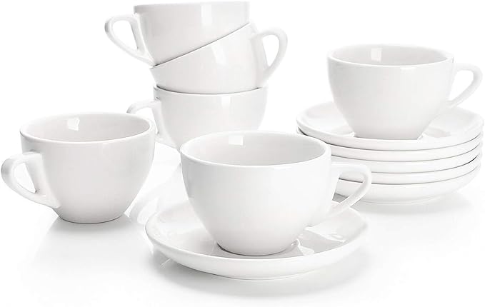 Sweese 6 Ounce Cappuccino Cups with Saucers, Porcelain Double Espresso Cups Set of 6 - White