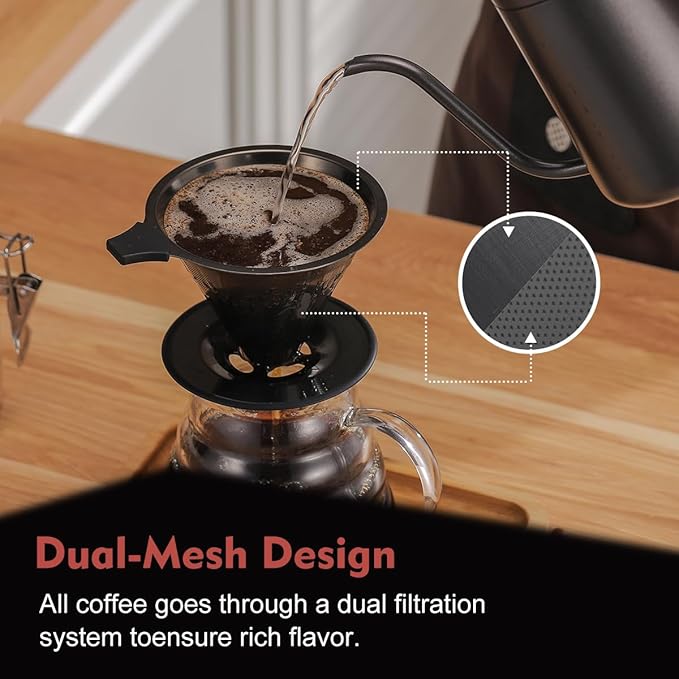 Pour Over Coffee Maker INSINTAR Stainless Steel Pour Over Drip Coffee Filter Paperless Coffee Strainer Reusable Single Cup Coffee Maker 1-4 Cup (Titanium Black)