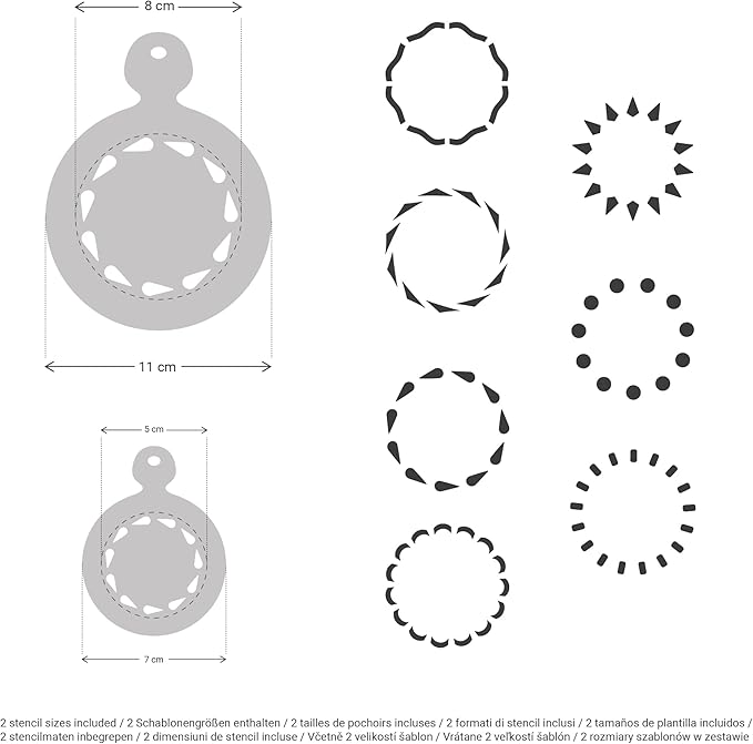 NAKLEO Coffee Stencils and Cookies Decoration 14Pcs 2.8”x2.8” and 4.3”x4.3”, Reusable Plastic Baking Templates, Circles Ornament Border, Barista DIY Art Craft, Capuccino Latte Chocolate Cake Biscuit
