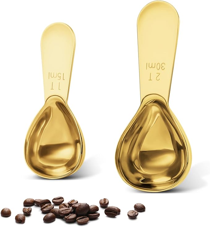 Stainless steel coffee scoop 2-piece set (1 tbsp, 2 tbsp) durable Tablespoon, ergonomic measuring spoon, Suitable for small and large jars，short-handled spoon (Gold)