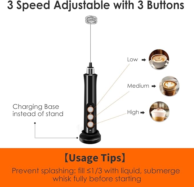 Rechargeable Milk Frother Handheld with 3 Detachable Stainless Steel Whisks, 3 Speed Adjustable Electric Whisk Foam Maker, Handheld Drink Mixer, Frother Wand for Coffee, with Storage and Charging Base