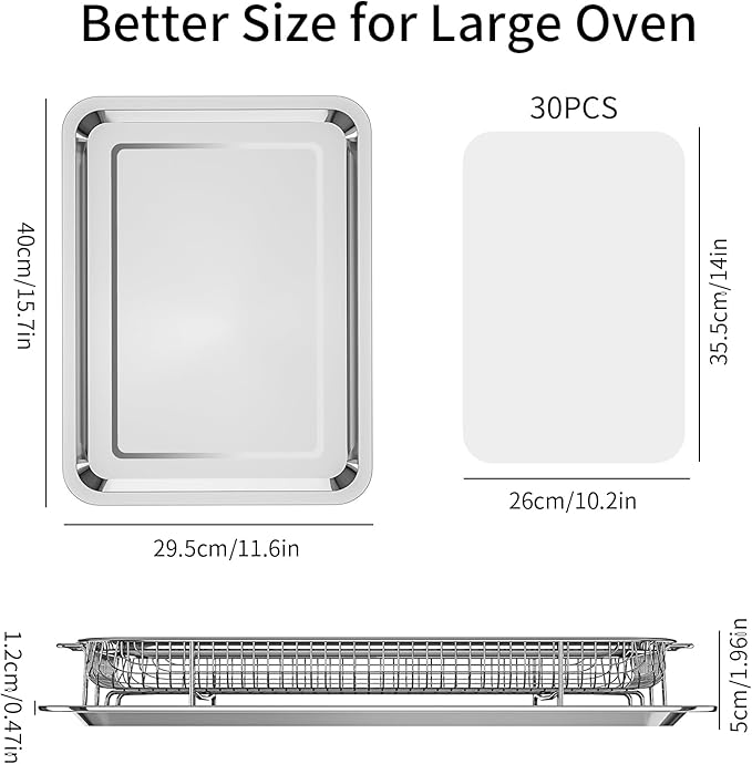 Air Fryer Basket for Oven, OPENICE 15.6" x 11.6" Large Air Fryer Tray and Pan with 30PCS Parchment Papers, Stainless Steel Oven Air Fryer Basket and Tray for Baking Grilling