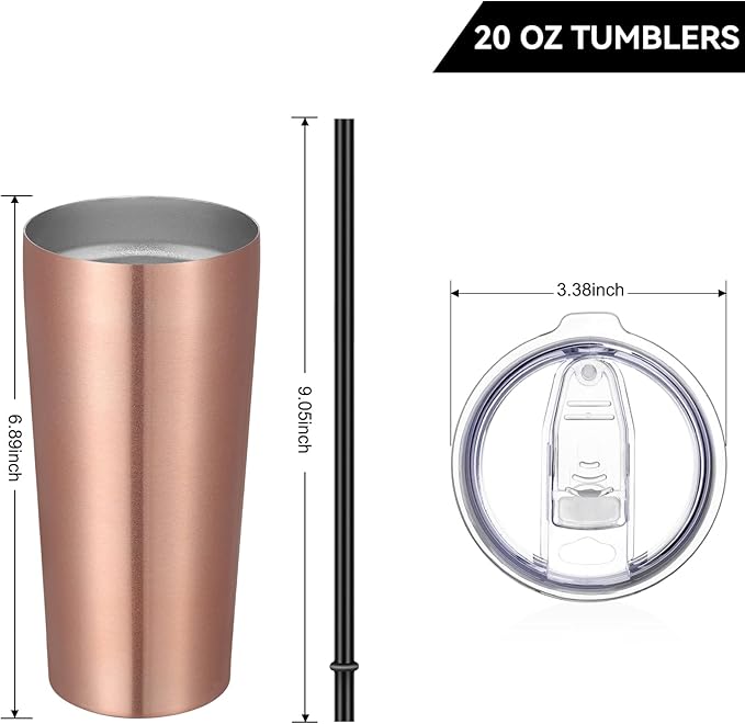 VEGOND 20oz Tumbler Bulk with Lid and Straw 1 Pack, Stainless Steel Vacuum Insulated Tumbler, Double Wall Coffee Cup Travel Mug, Rose Gold
