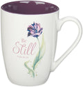 Christian Art Gifts Encouraging Scripture Ceramic Coffee & Tea Mug for Women: Be Still & Know Inspirational Psalm Bible Verse, Microwave & Dishwasher Safe, Novelty Cup, White & Purple Floral, 12 oz.